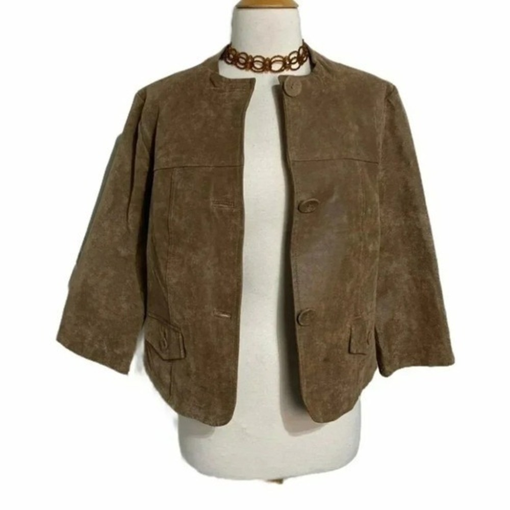 Preswick Moore Brown Suede Crop Jacket 3/4 Sleeve Collarless Women's Medium‎ NEW